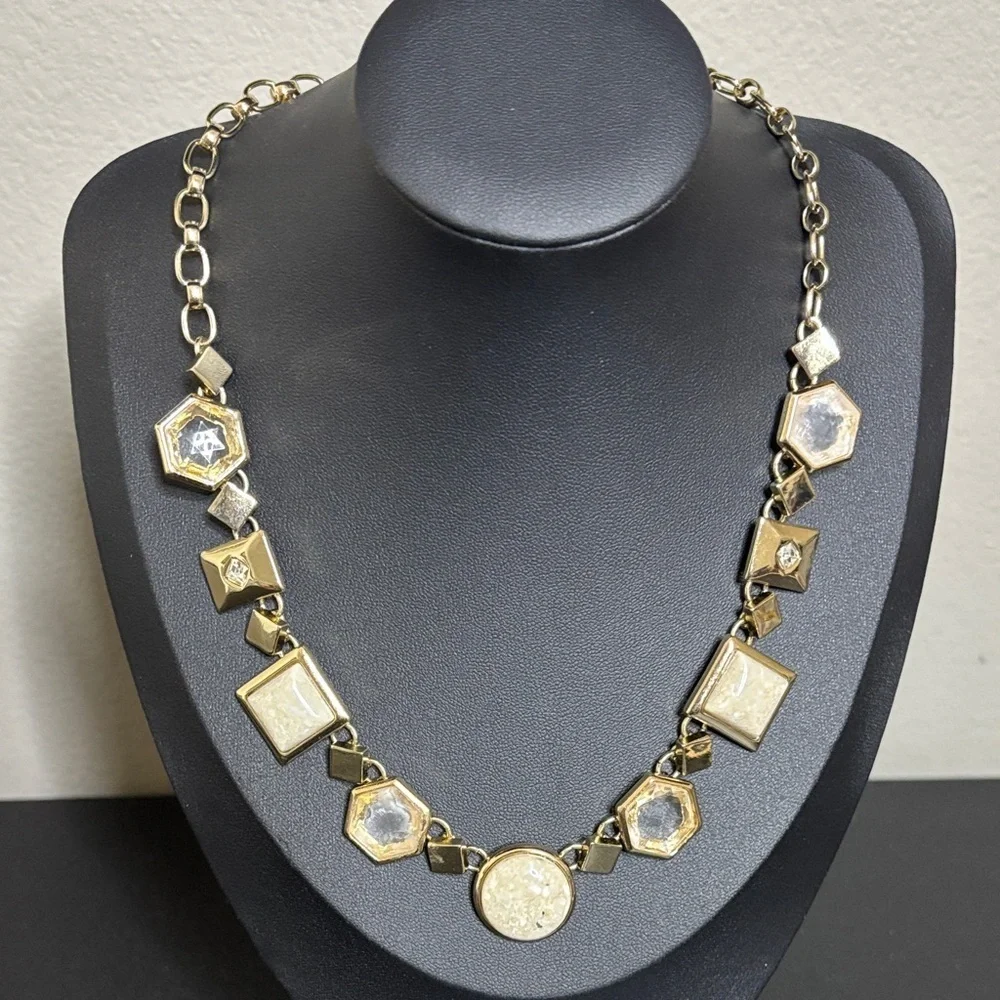 White House Black Market Signed Beige Tourmaline Geometric Gold Tone Necklace
